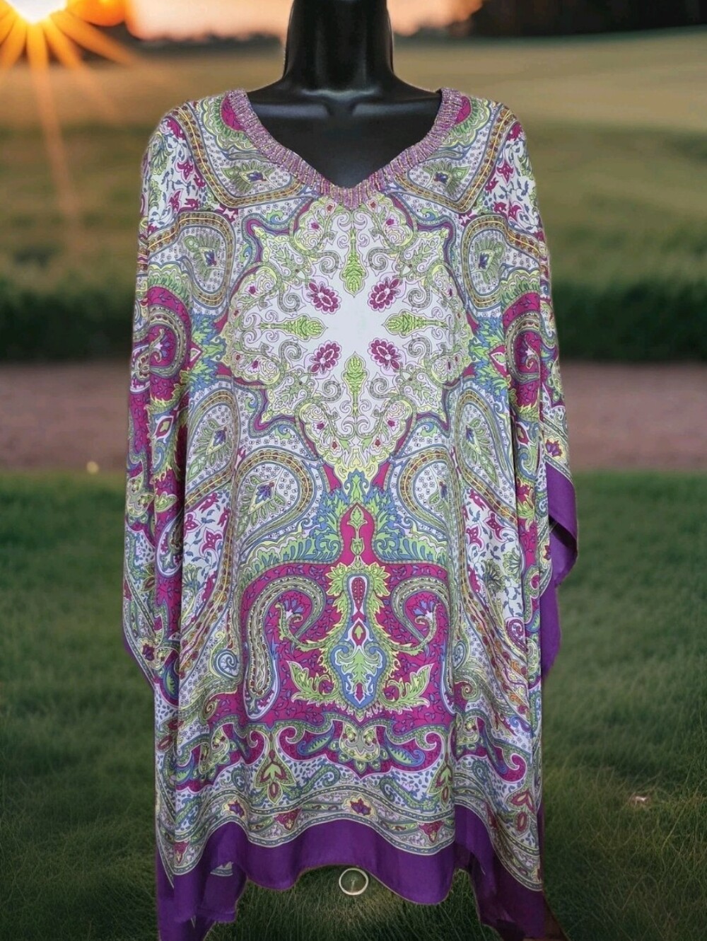 Chicos Beaded Neckline Paisley Print Poncho Topper Blouse Size L/XL Boho EUC